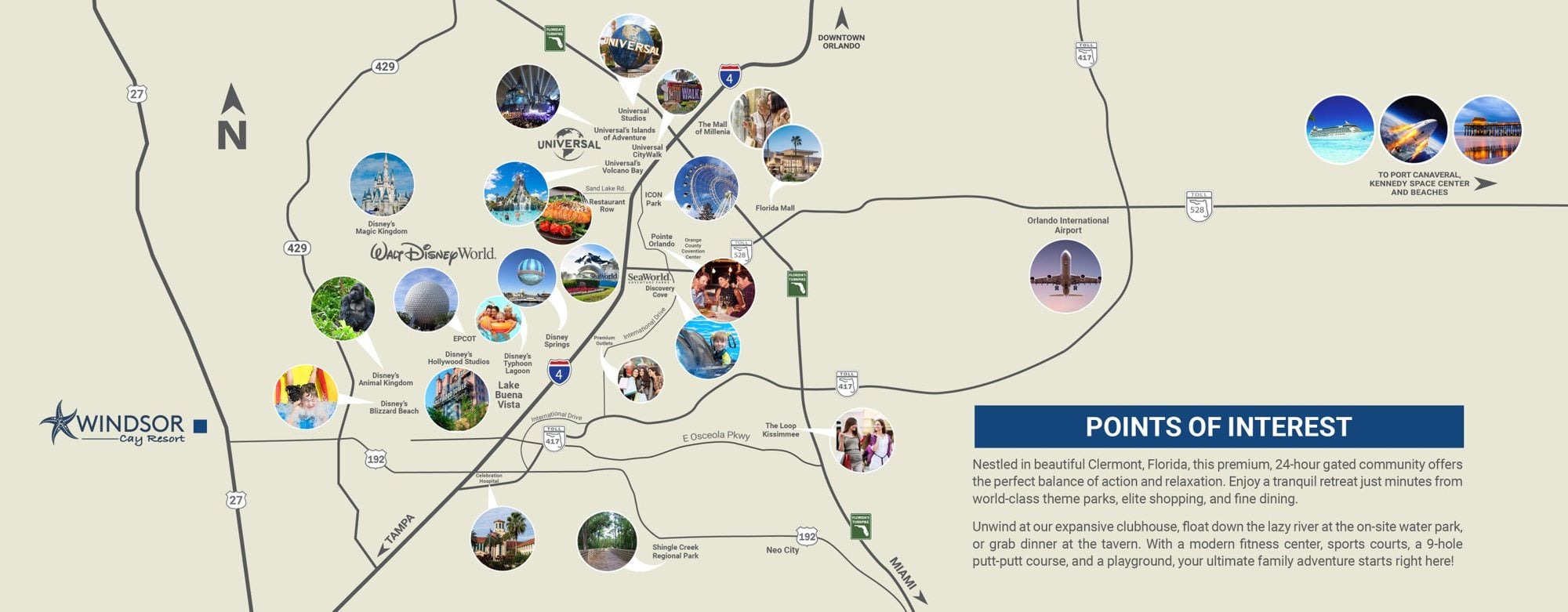 Mapa da região com o Windsor Cay Resort e os parques, compras e restaurantes próximos
